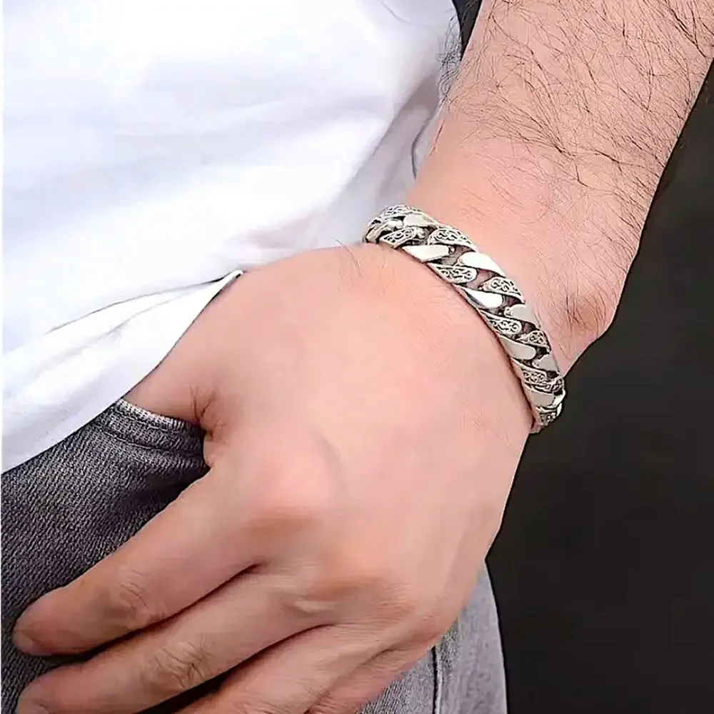 Stainless Steel Chain Link Bracelet, Mantra, Curb Hand Woven Engraved